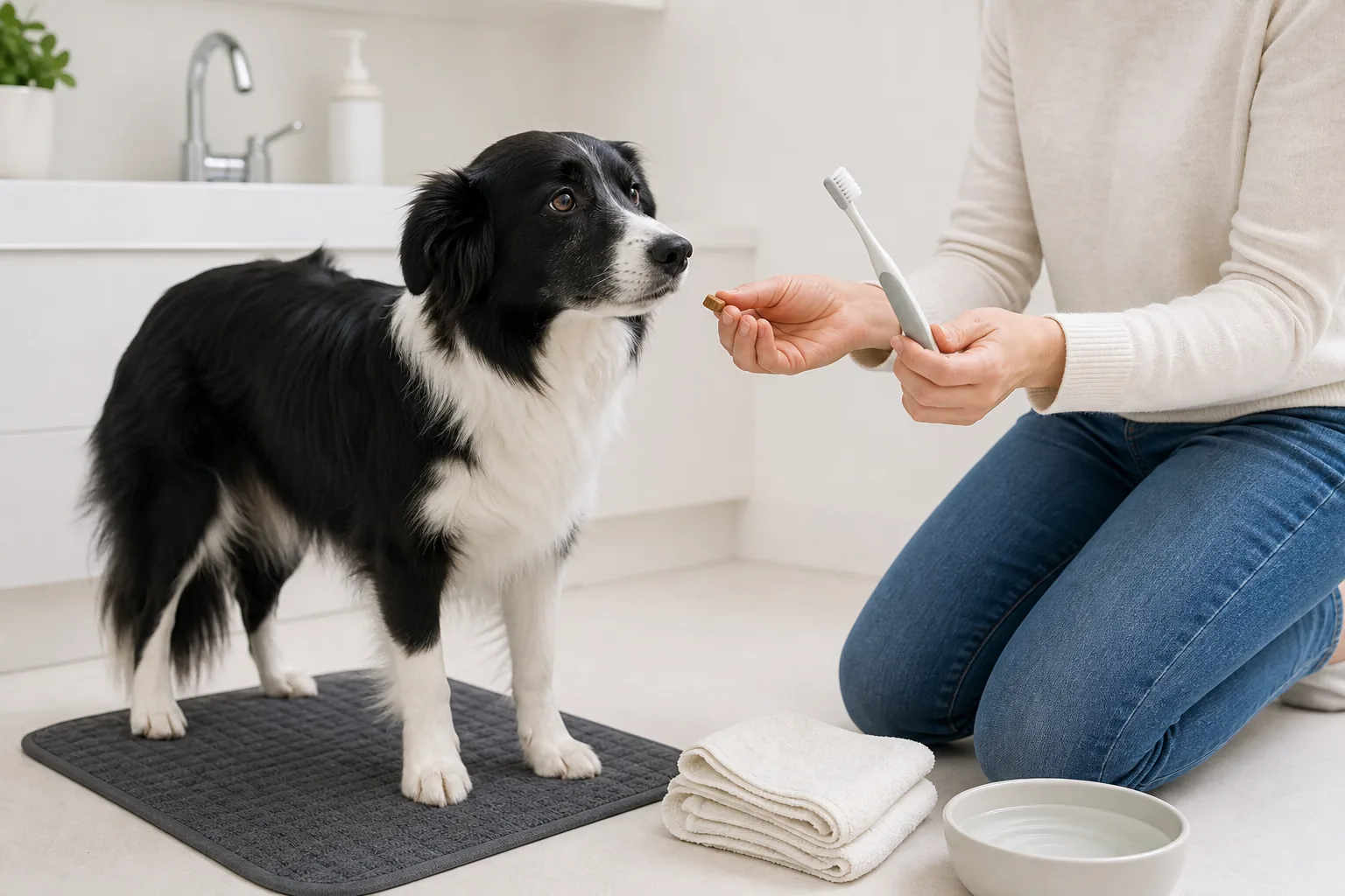 A relaxed black-and-white dog receives one small reward while a rinsed toothbrush stays away from its face