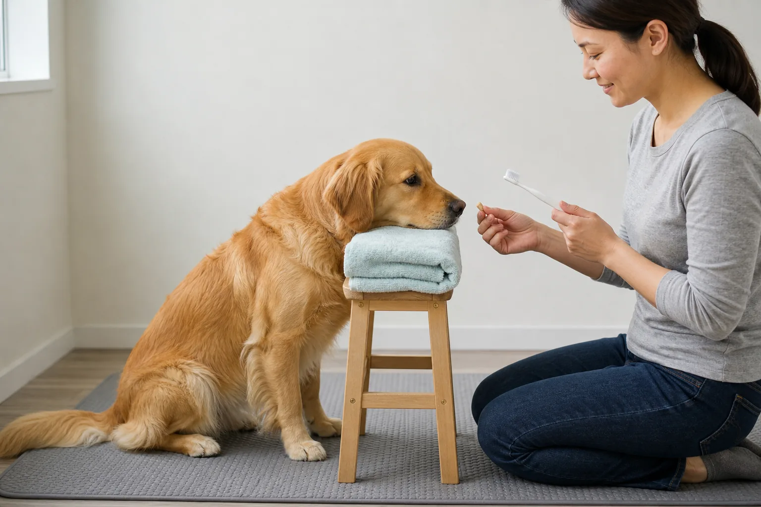A golden dog voluntarily uses a towel chin rest while its owner introduces a soft dog toothbrush