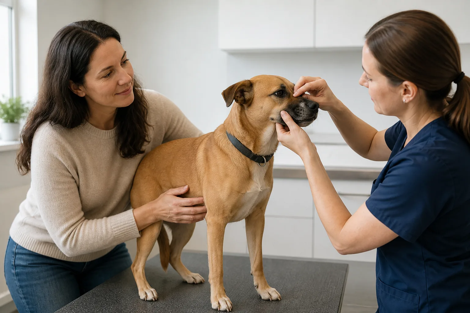 A veterinarian briefly lifts a tan dog's outer lip for a visual oral check while the owner stays nearby