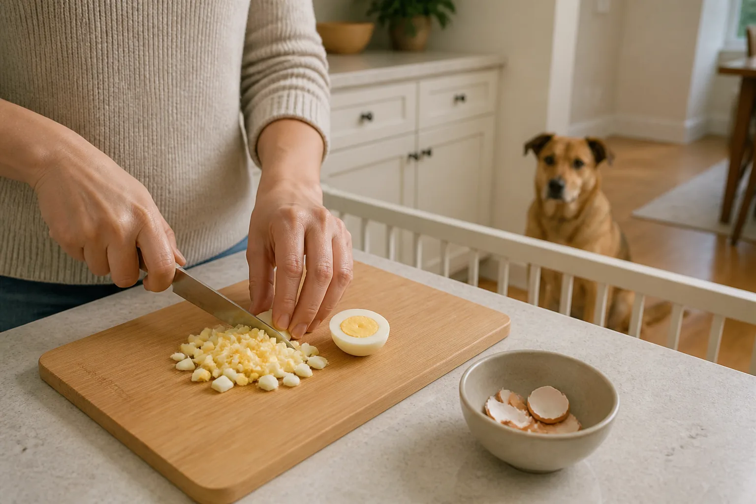 An owner chops a cooled hard-boiled egg into small plain pieces with discarded shell kept separately