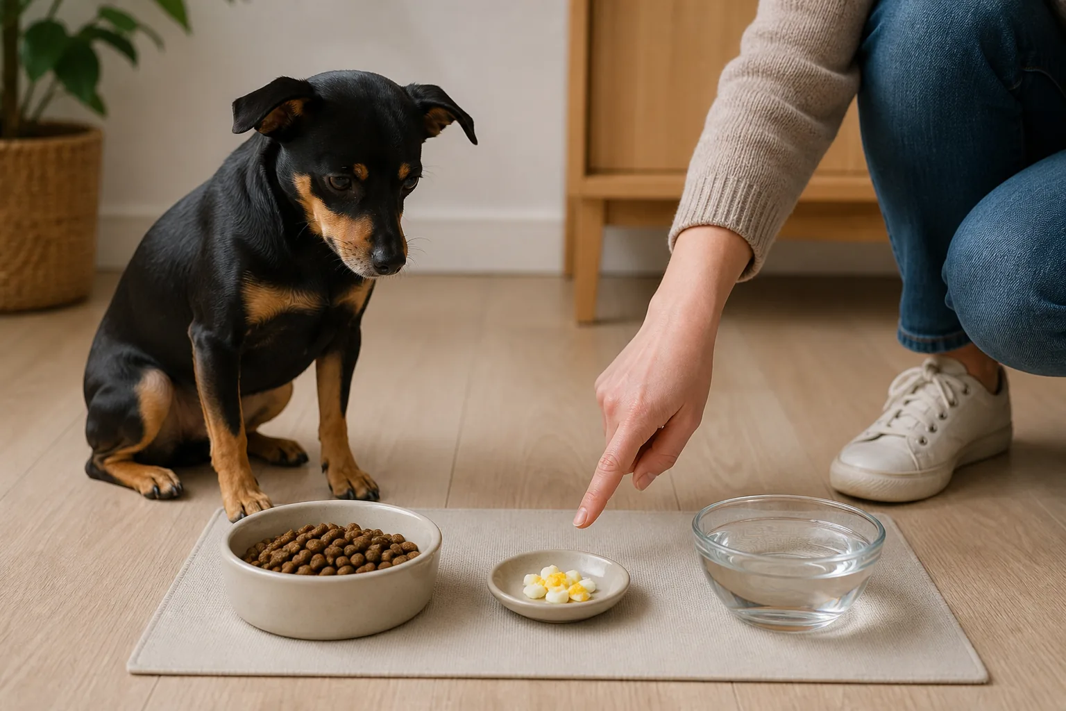A complete measured kibble meal sits beside a tiny saucer of cooked egg pieces and fresh water