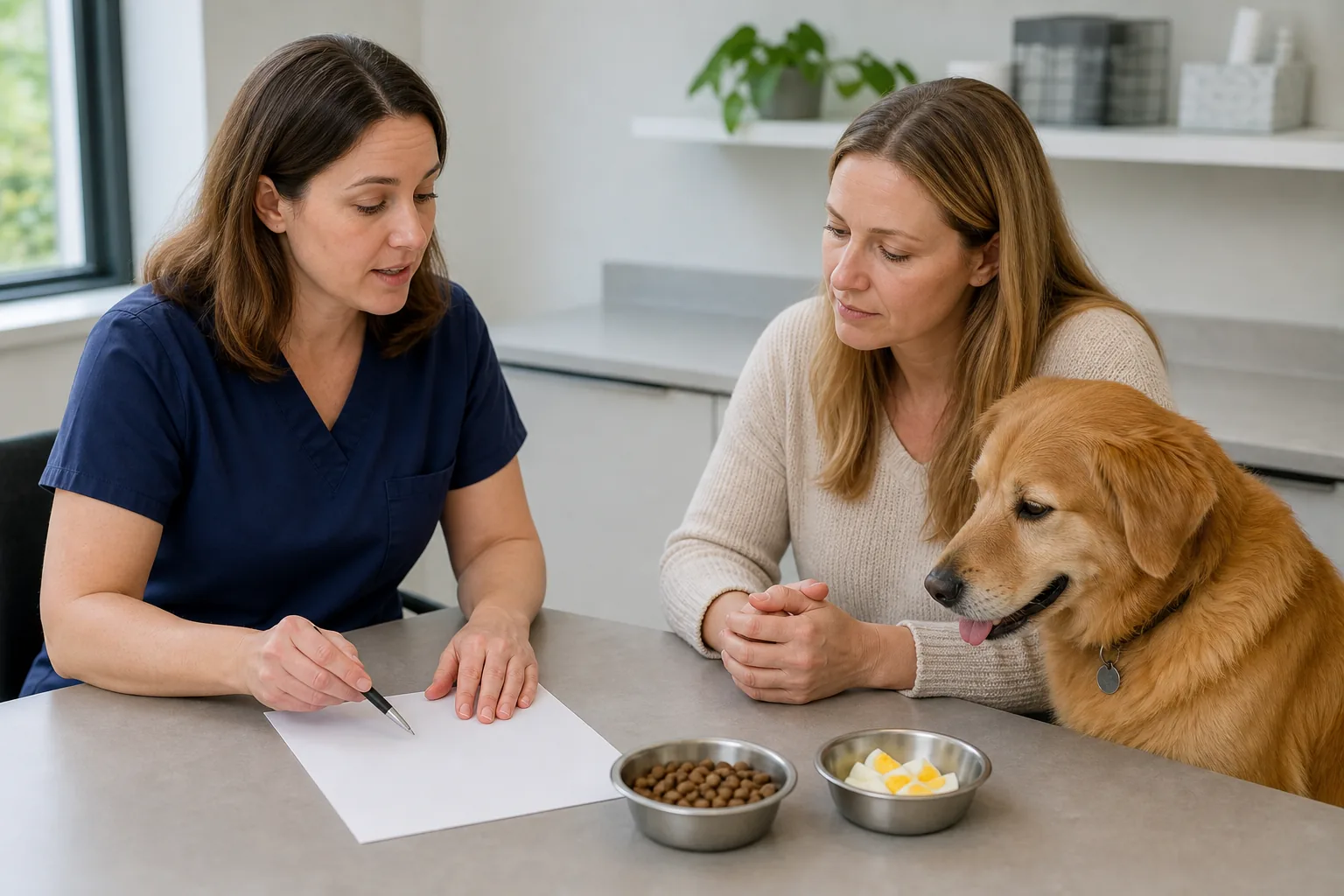 A veterinarian and owner discuss a dog's diet beside small samples of kibble and cooked plain egg