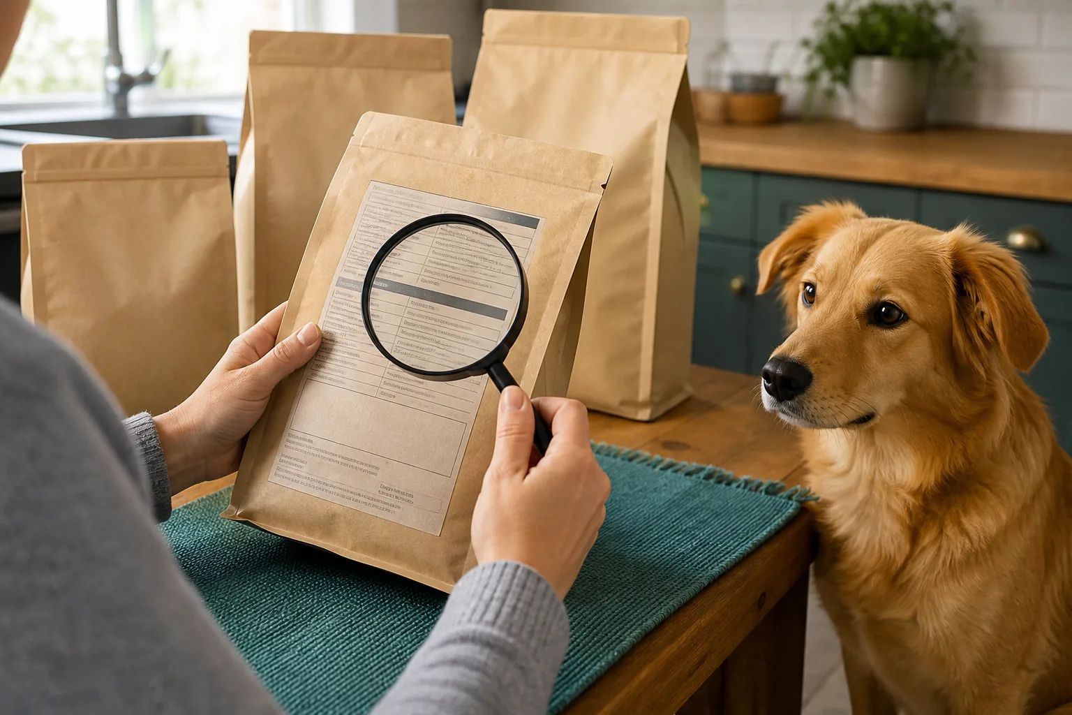 An owner uses a magnifying glass to review an unbranded dog-food label while a golden dog waits nearby