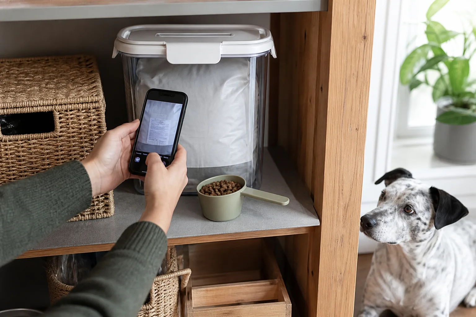 A person photographs an unbranded dog-food bag before storing it inside a sealed pantry container