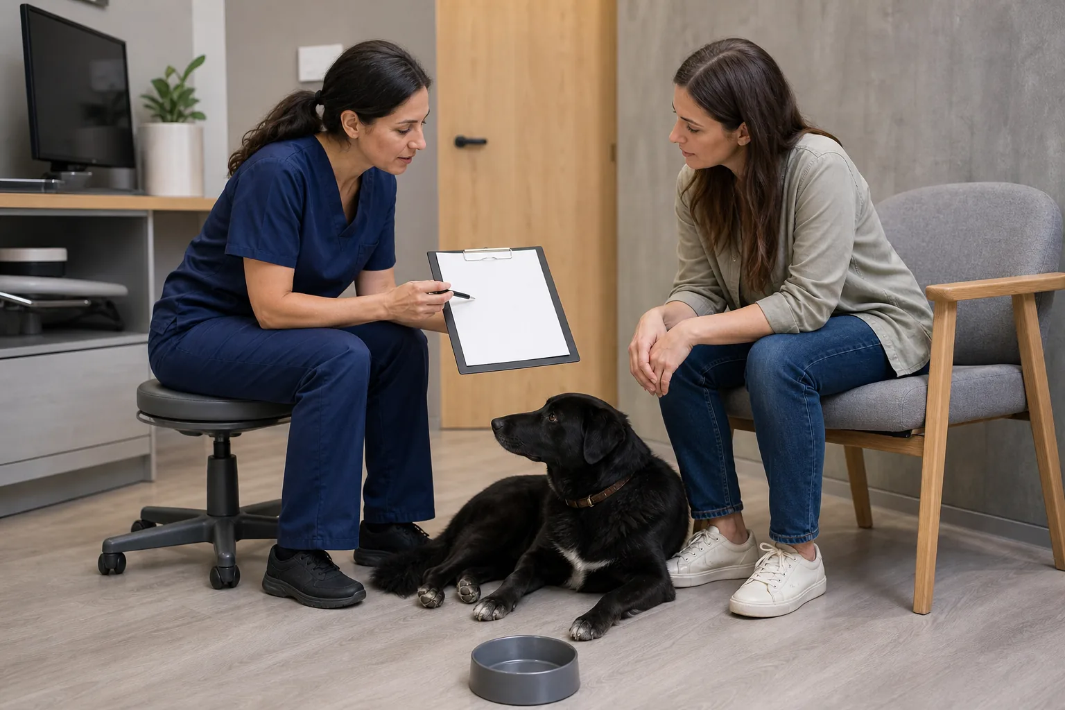 A veterinarian and dog owner discuss a blank feeding history sheet with a relaxed black dog between them