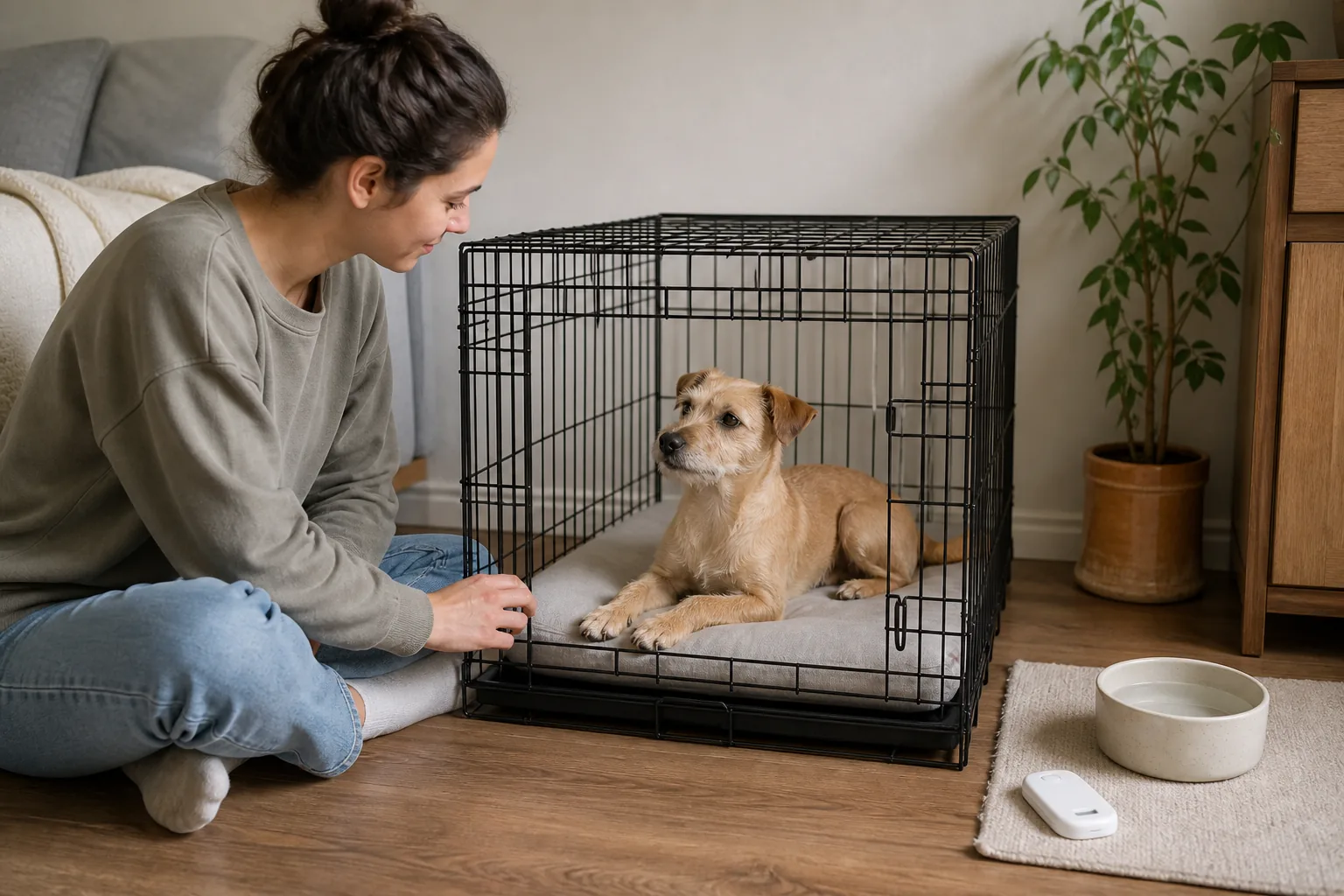 A collarless tan dog rests calmly during a brief crate-door practice while its owner remains beside it