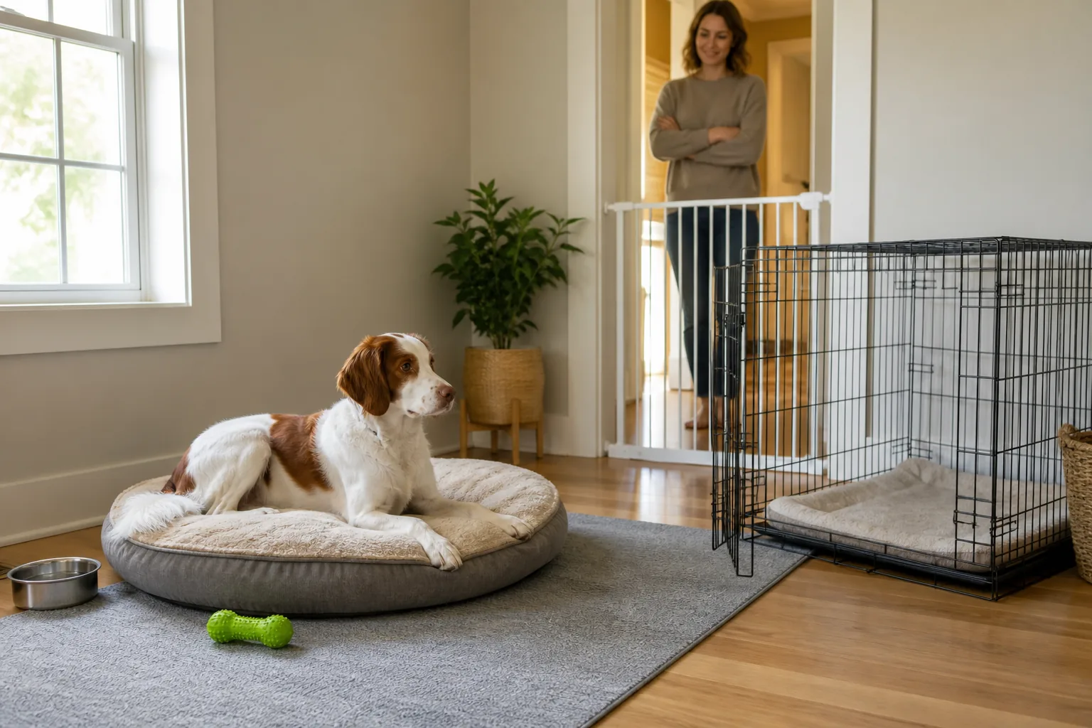 A relaxed collarless dog uses a spacious gated room with an external bed and an open optional crate