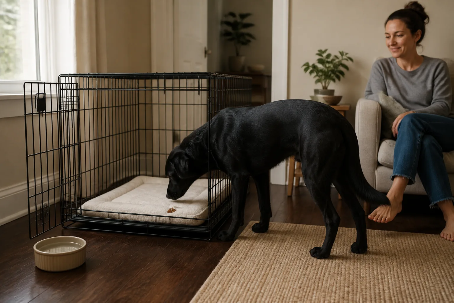A collarless black dog voluntarily investigates an open correctly sized crate while its owner waits at a distance