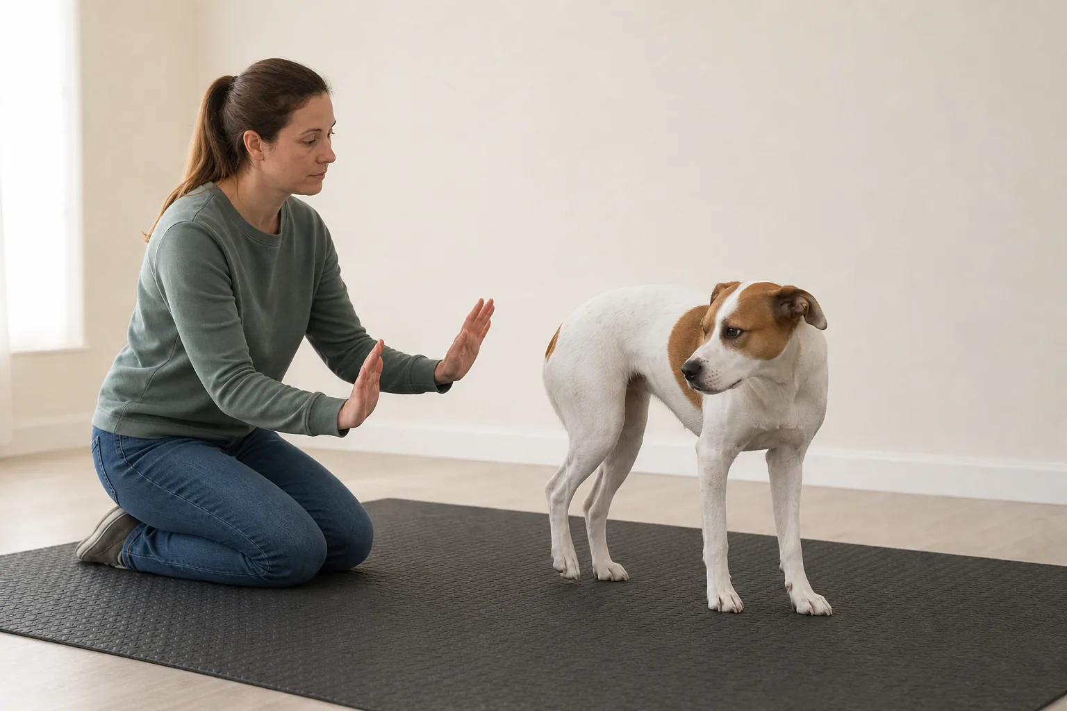 An owner withdraws both hands when a white-and-brown dog turns away during a handling pause