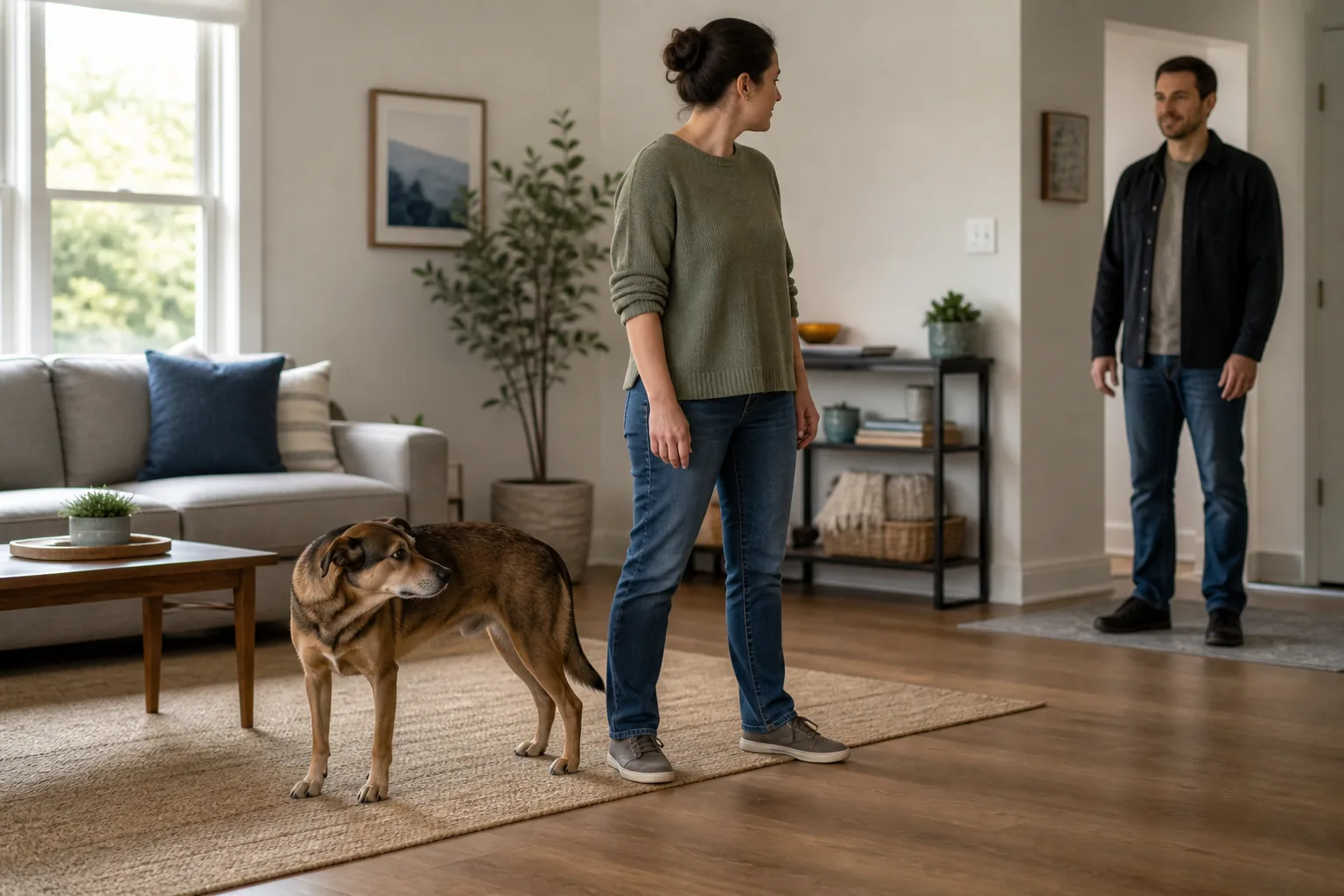 A brown dog turns its head away from a distant visitor while its owner creates space without restraint