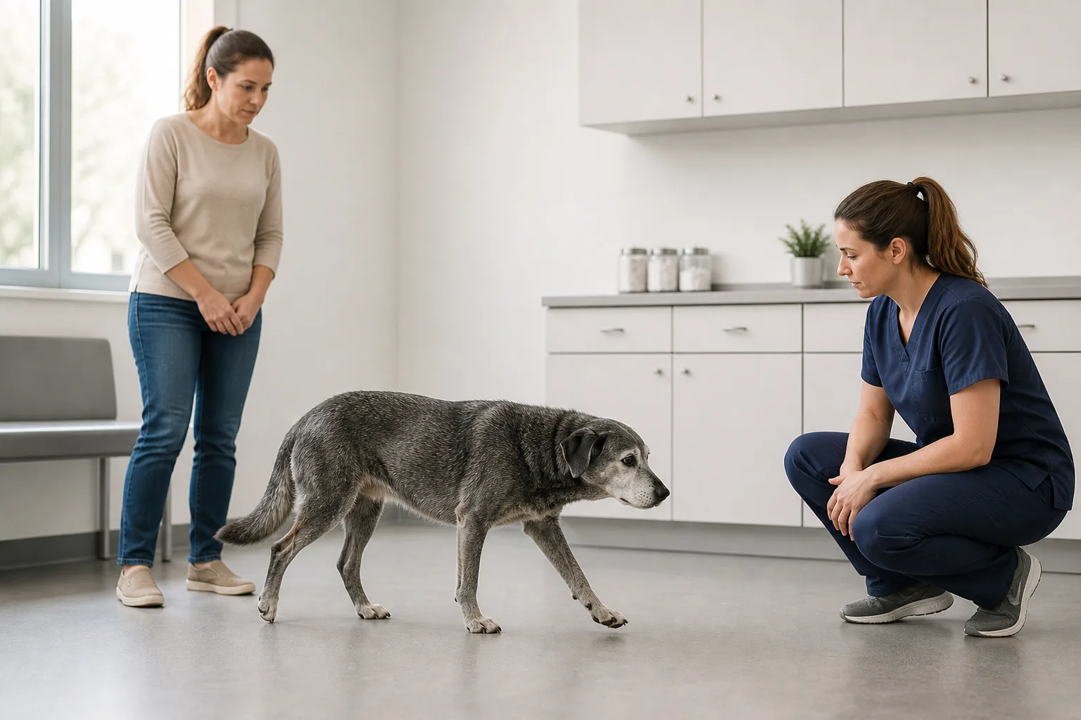 A veterinarian observes an older gray dog's posture and gait while the owner remains nearby