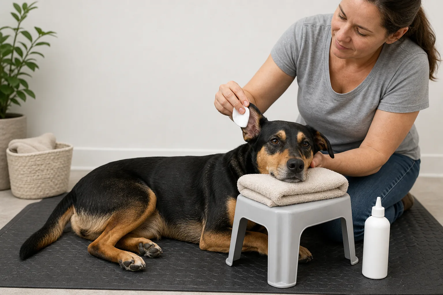 A relaxed black-and-tan dog uses a chin rest while its owner wipes only the visible outer ear flap