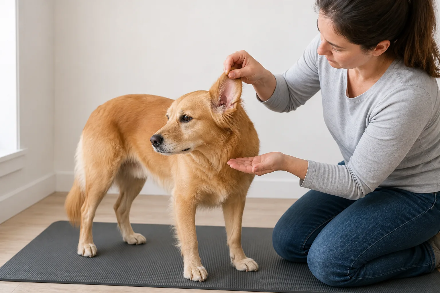 An owner gently lifts a golden dog's outer ear flap for a visual check without inserting anything