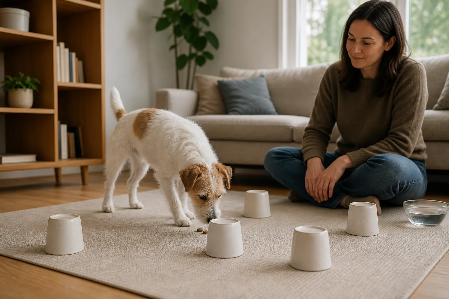 A small white-and-tan dog calmly searches spaced ceramic cups for a few pieces of kibble