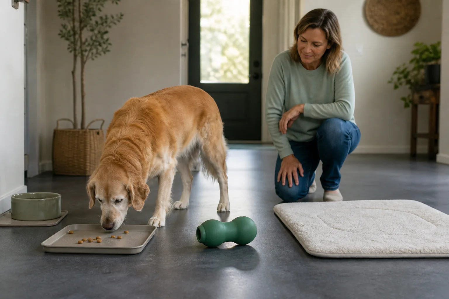 An older golden dog chooses a low scent tray beside a large rubber toy and an empty rest mat