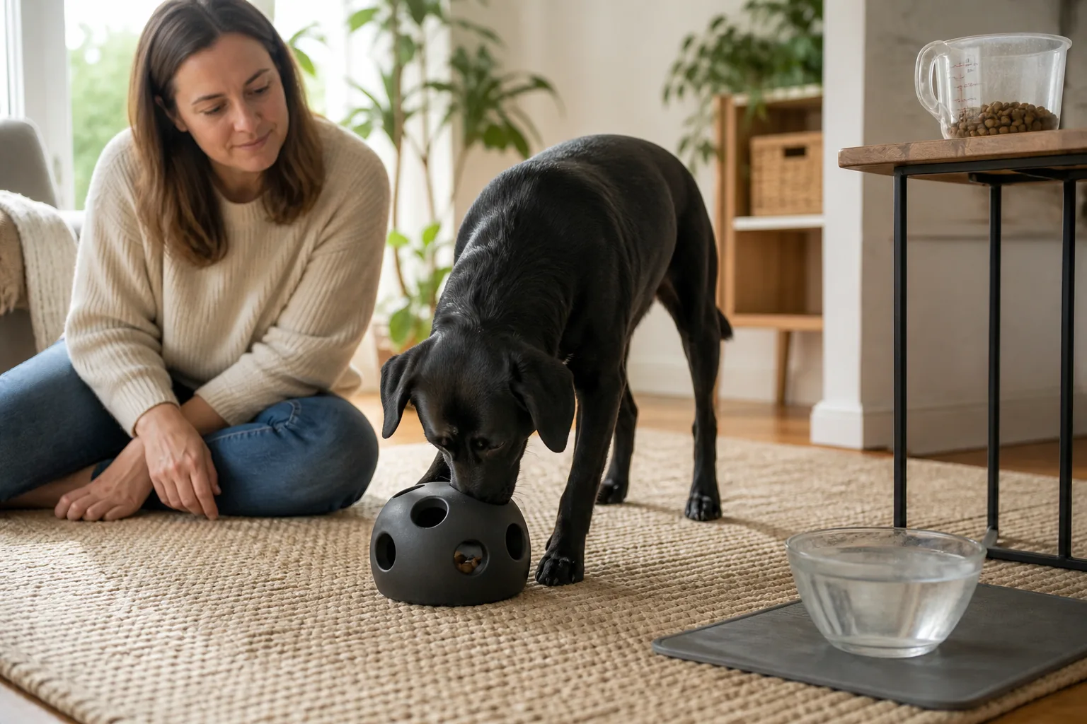 A black dog uses an oversized intact food puzzle while its owner supervises beside fresh water