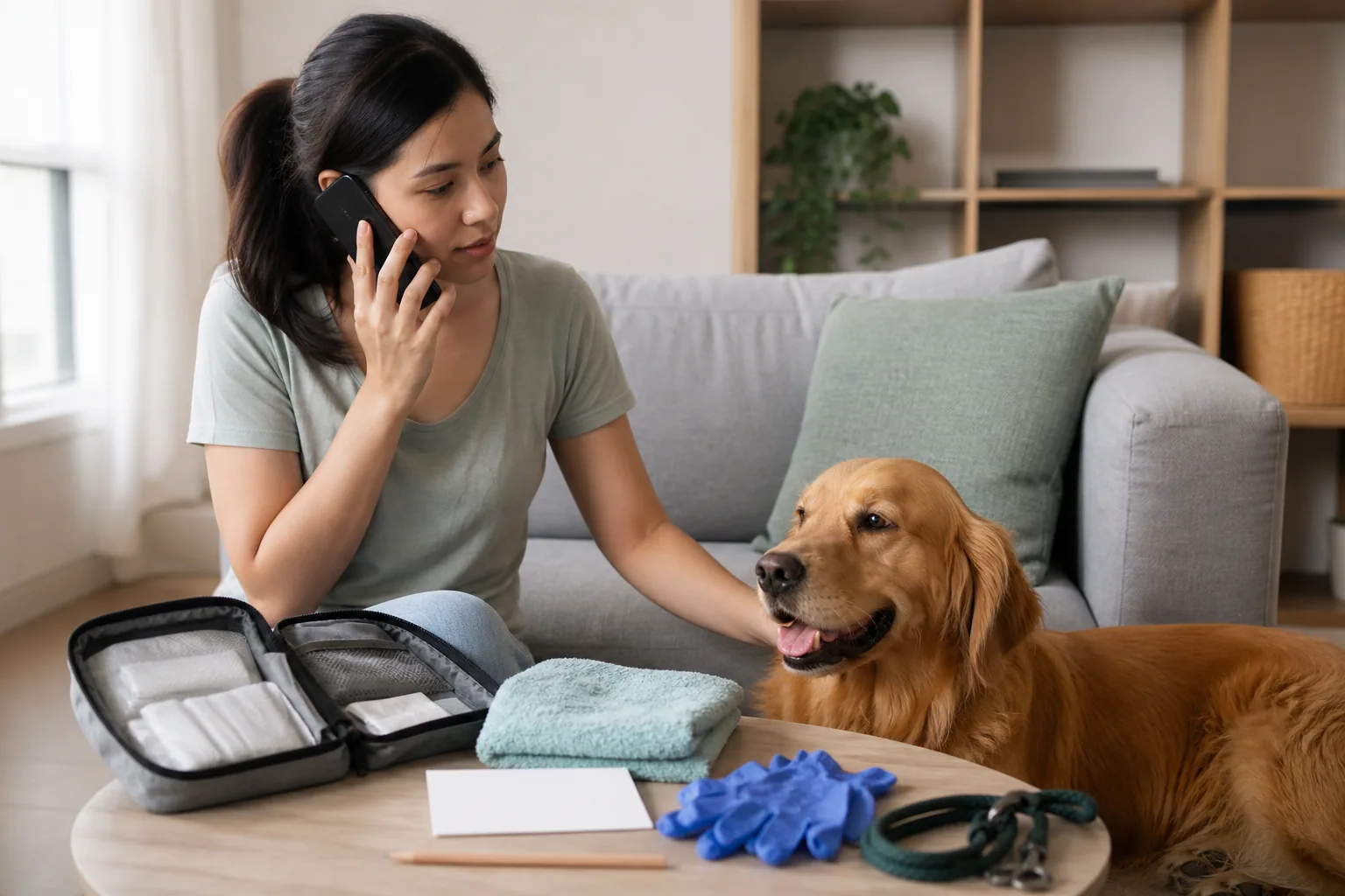 An owner calmly confirms an emergency plan by phone beside a healthy dog and open first-aid pouch