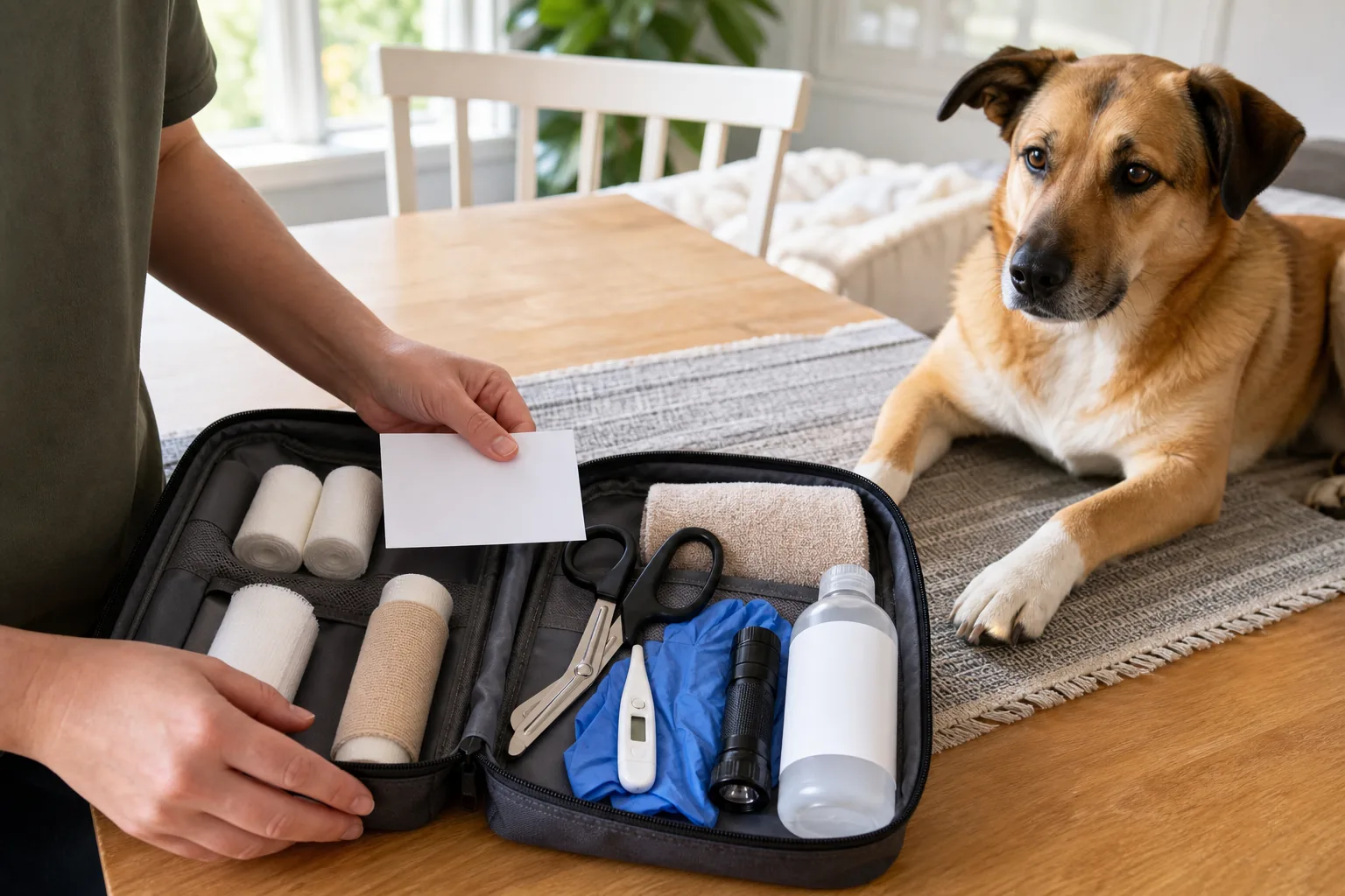 An owner reviews unbranded first-aid supplies in an open pouch while a calm dog rests nearby