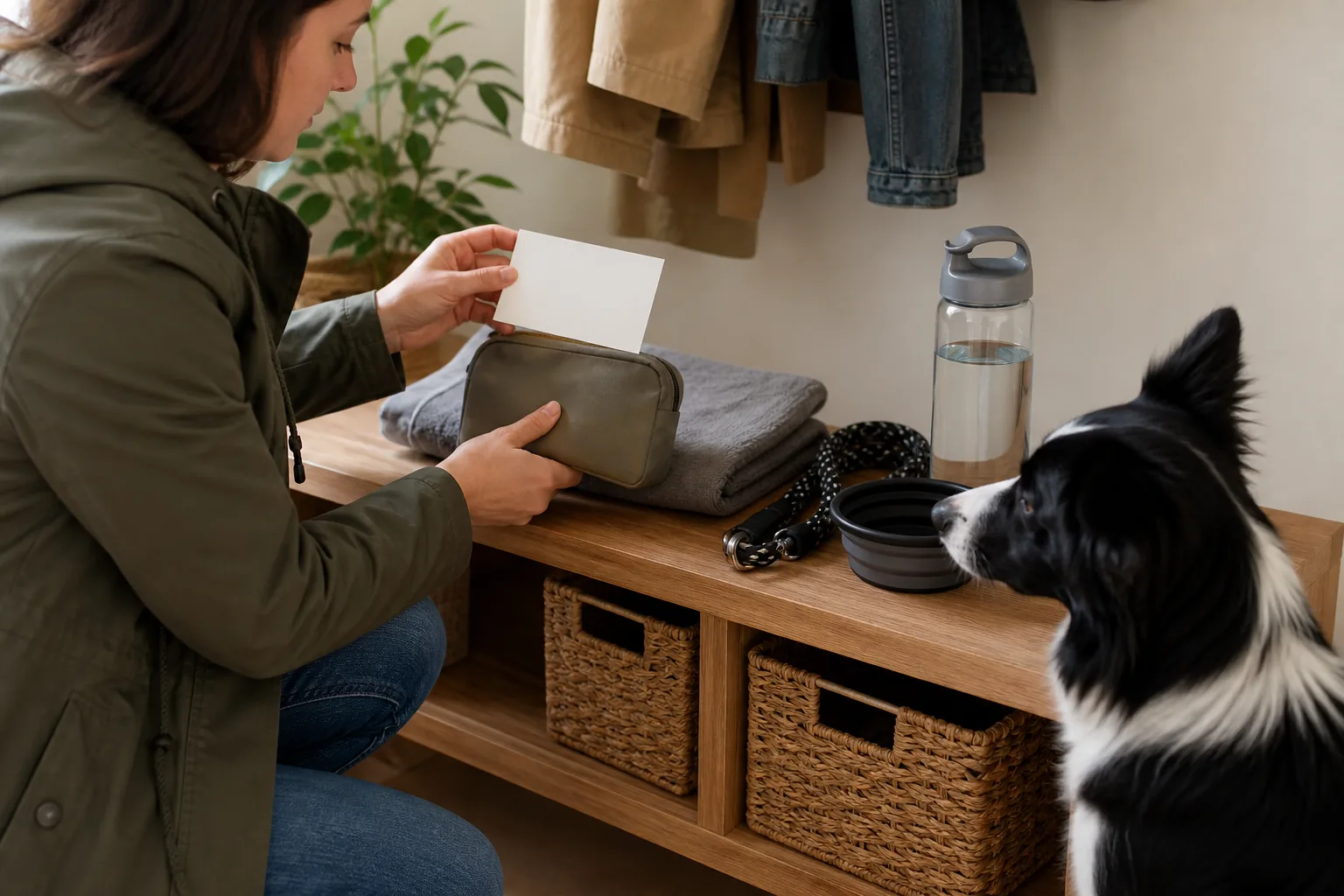 An owner packs a blank emergency card with a first-aid pouch, towel, leash, bowl, and water
