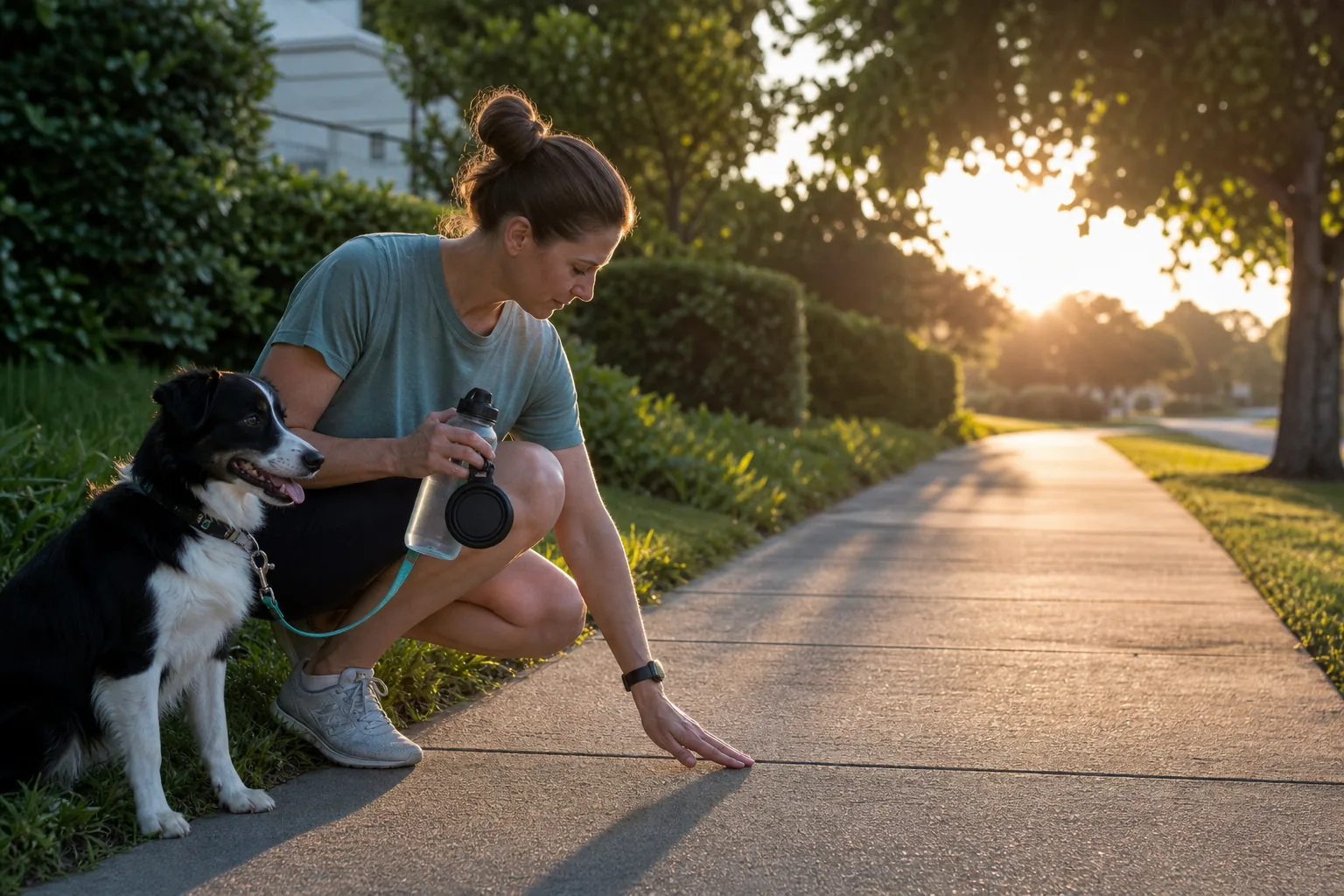 An owner checks pavement warmth at sunrise while a relaxed dog waits on the shaded grass edge