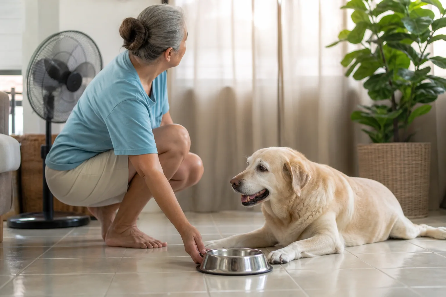 A senior dog rests on cool tile near fresh water and a fan in a shaded room
