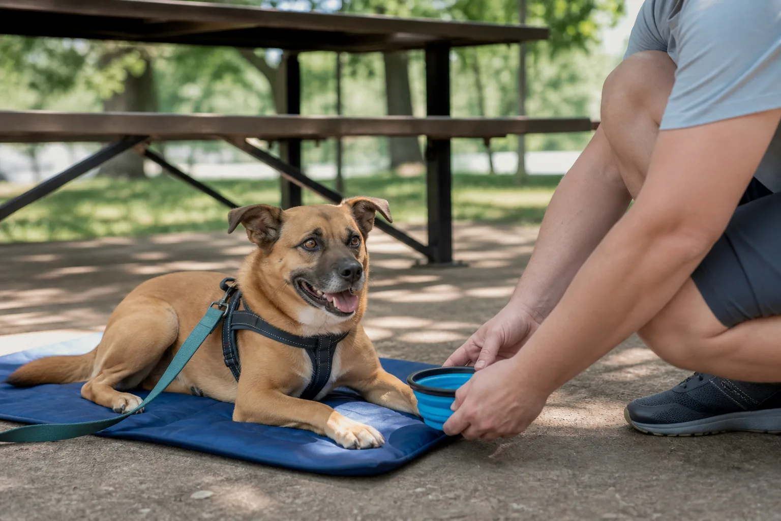 A comfortable dog rests on a cooling mat in deep shade while its owner offers fresh water