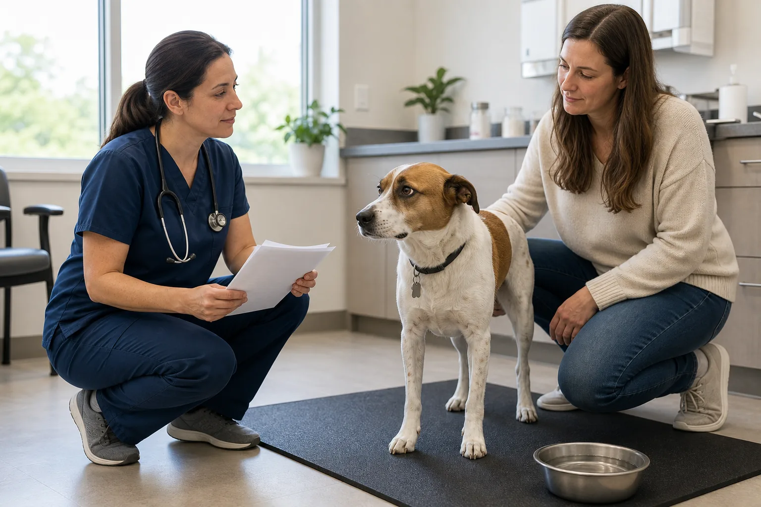 A veterinarian reviews blank prior-care records with an adopter while the rescue dog stands freely nearby
