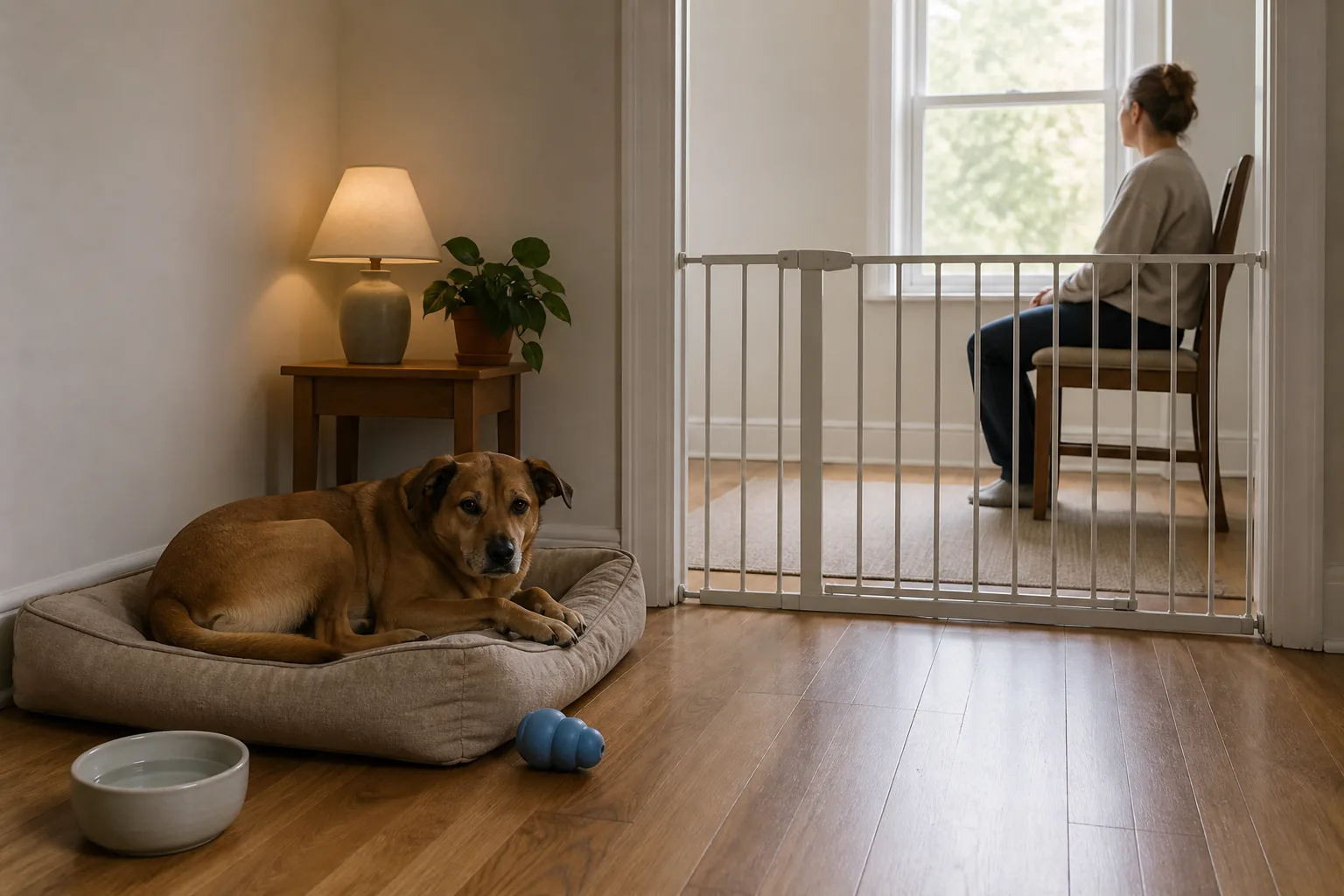 A newly adopted dog rests in a quiet decompression space while its adopter sits calmly at a distance
