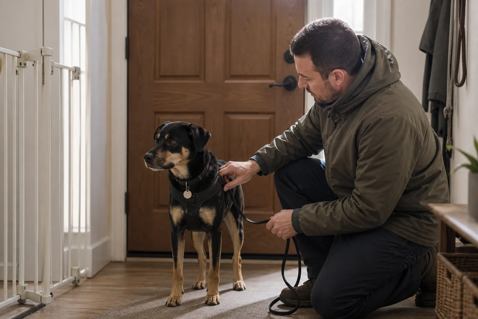 An adopter checks a rescue dog's fitted harness inside a closed entryway with a safety gate