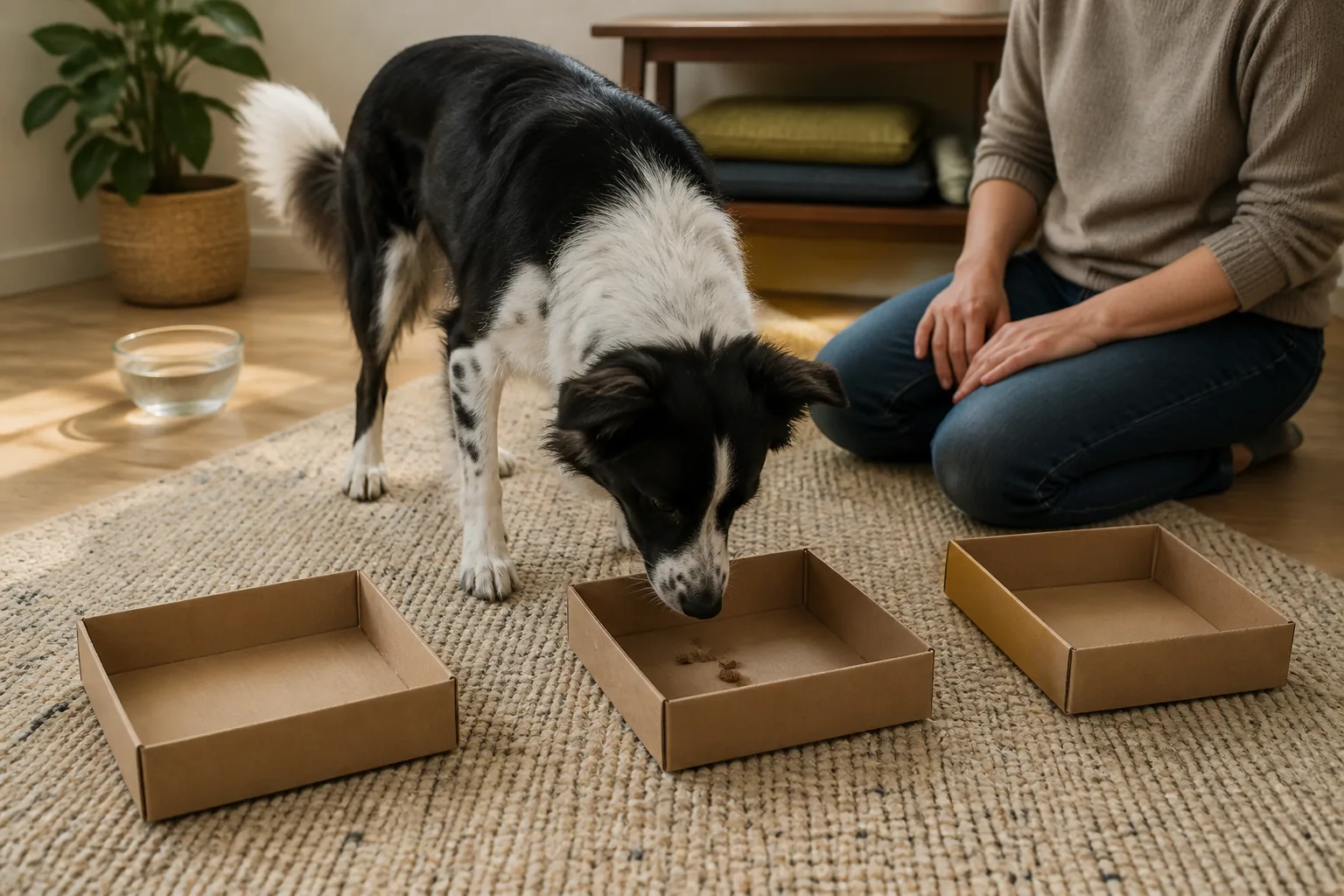 A black-and-white dog searches three safe shallow cardboard boxes while its owner supervises