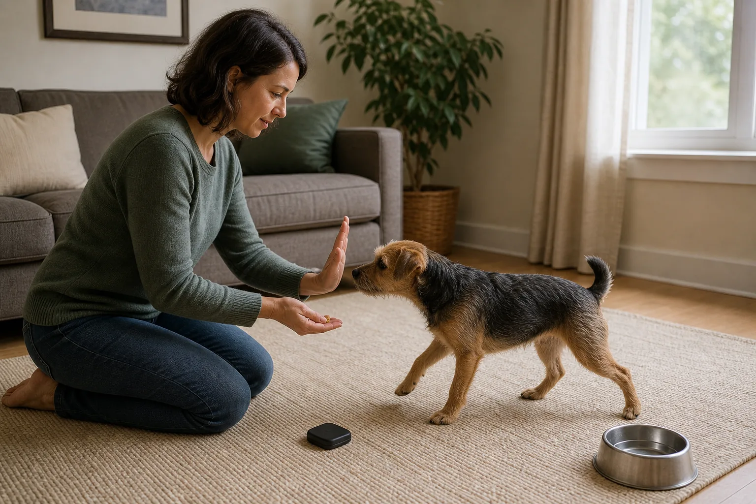 A small terrier voluntarily approaches an owner's open palm during a short hand-target game