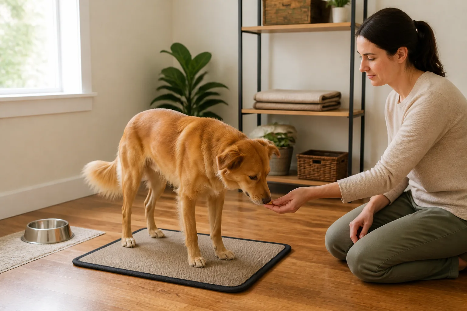 A golden mixed-breed dog stands voluntarily on a training mat and receives one small reward