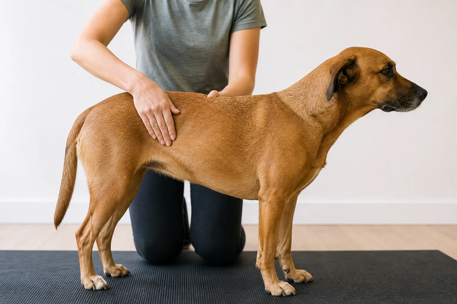 An owner gently checks rib coverage on a relaxed brown dog standing in side profile