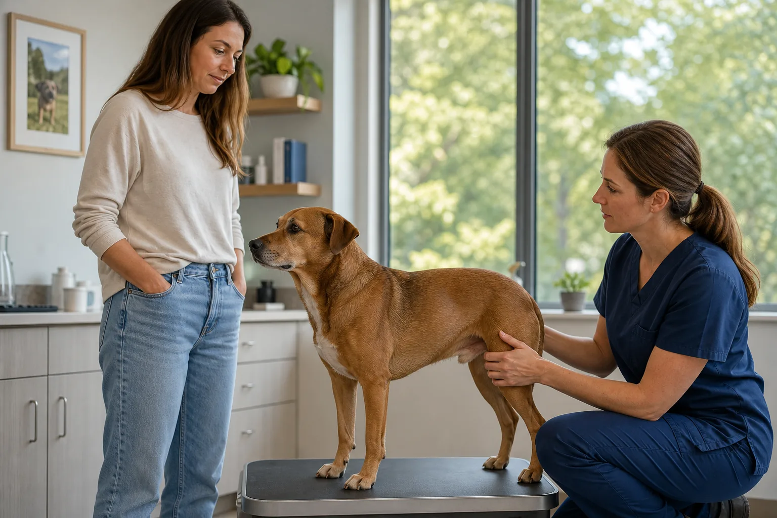 A veterinarian reviews a calm brown dog's body condition on a platform scale with the owner present