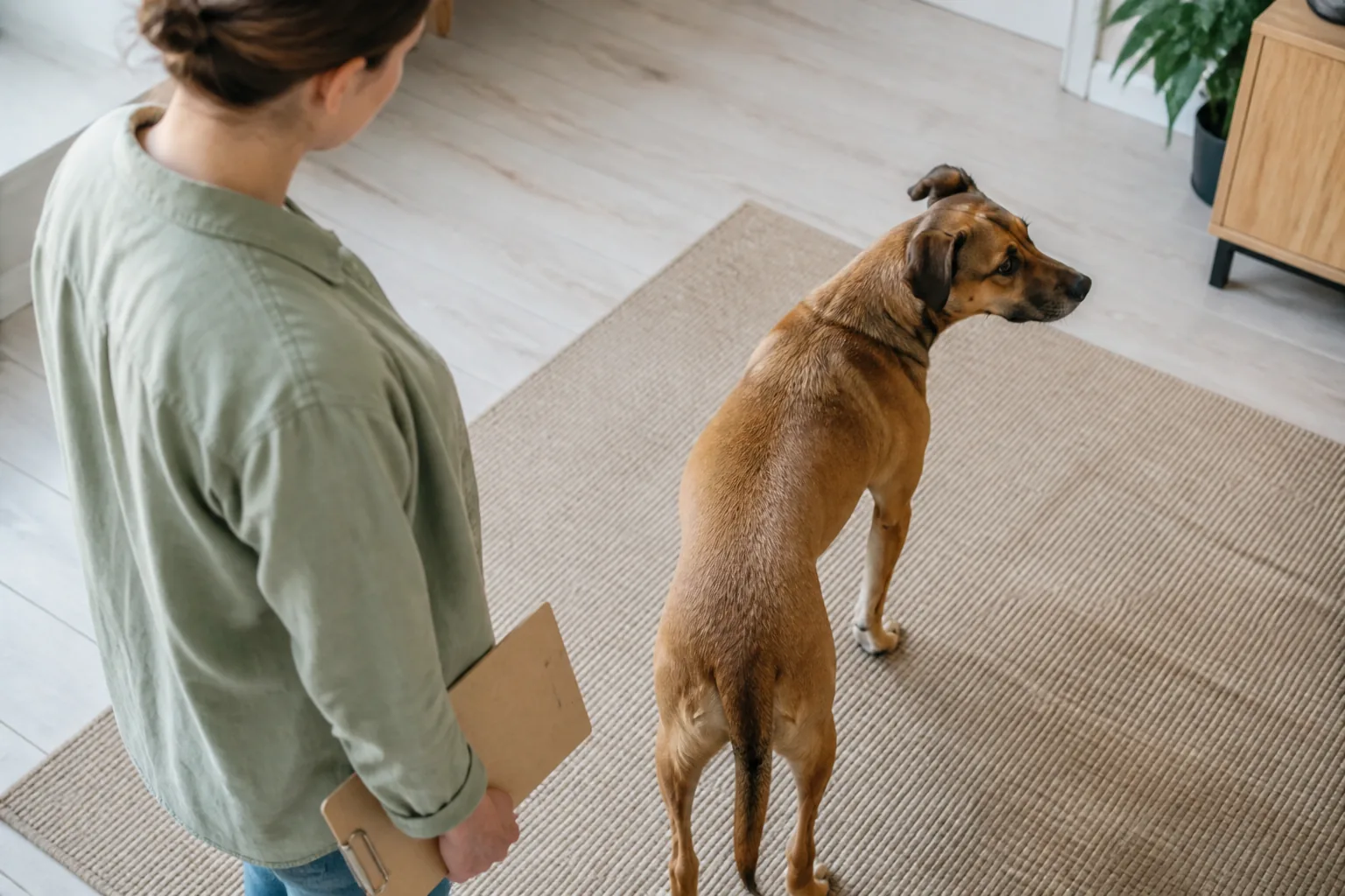 An owner observes the gentle waist of a healthy brown dog from above while holding a blank clipboard