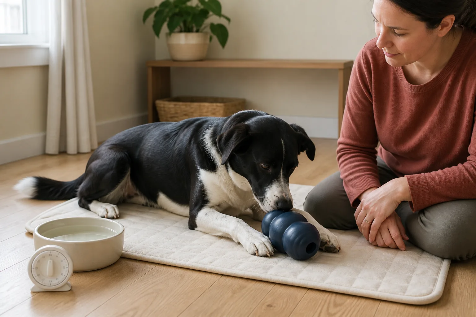 An owner supervises a black-and-white dog using an oversized intact rubber chew toy beside water and a timer