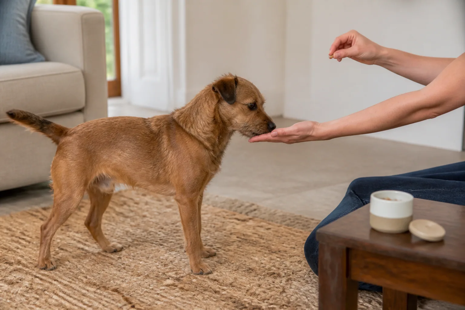 A small brown dog touches an open palm while the handler holds one tiny training reward