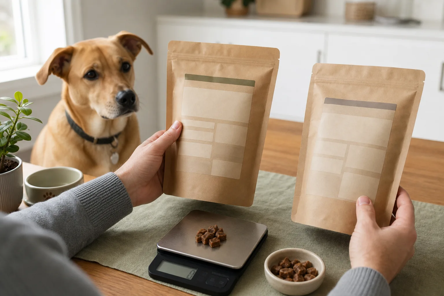 An owner compares two unbranded dog-treat pouches and weighs a small sample while a tan dog waits