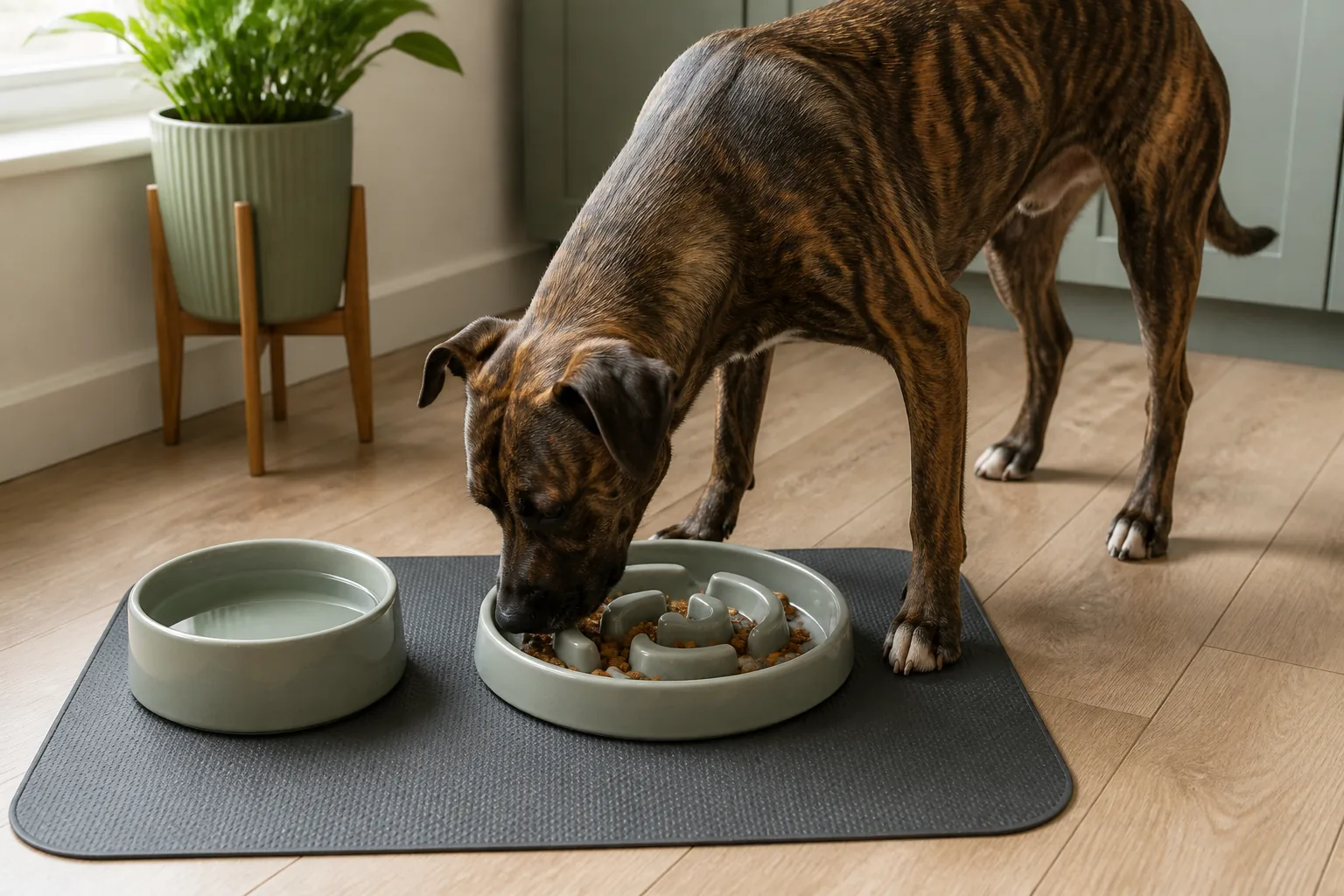 A brindle dog calmly eats measured kibble from a wide slow-feeder bowl on a nonslip mat beside water