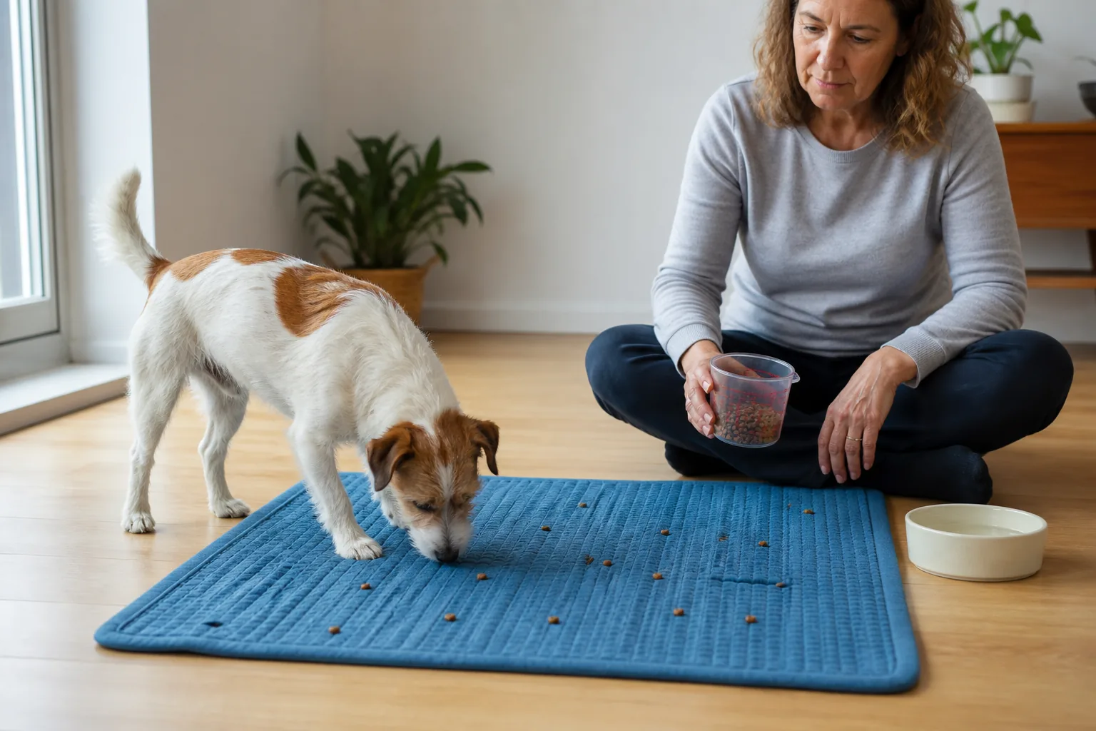 An owner supervises a small dog searching for a measured portion of kibble scattered across a washable mat