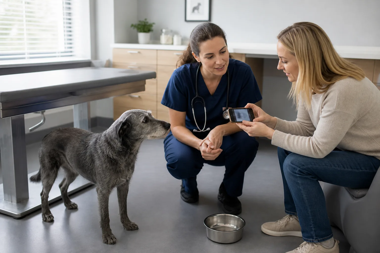 A veterinarian and dog owner review a phone video of the dog's eating behavior during a clinic visit