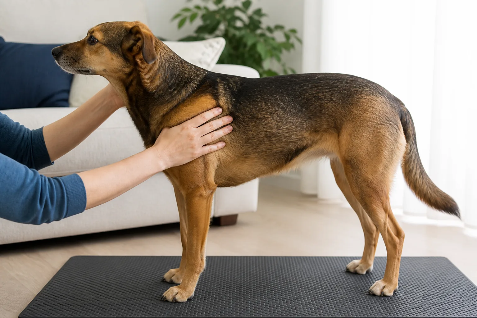 An owner gently checks the ribs of a relaxed dog standing in side profile on a nonslip mat