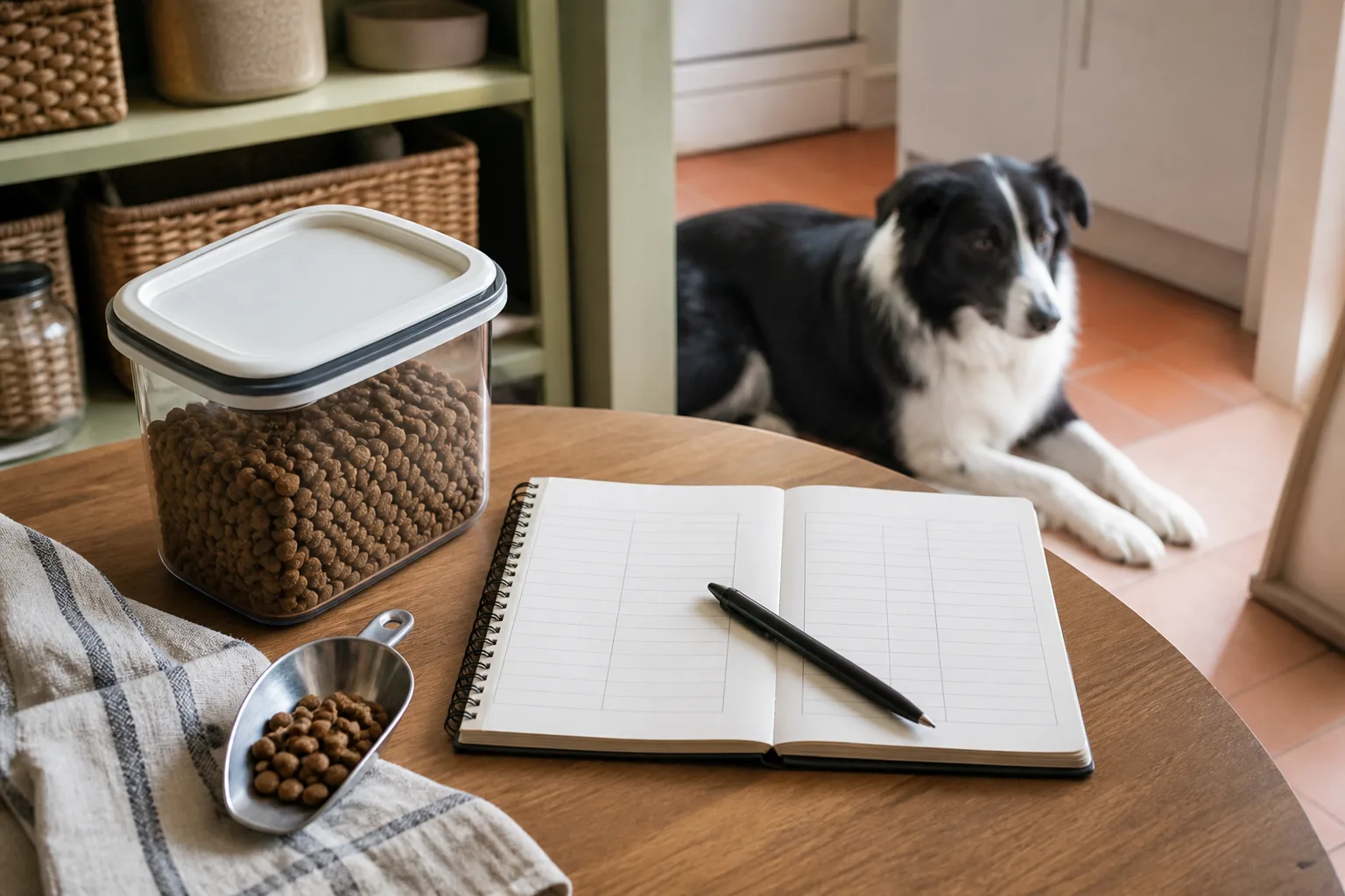 A blank feeding log beside a sealed container and scoop of dog food with a dog resting in the background