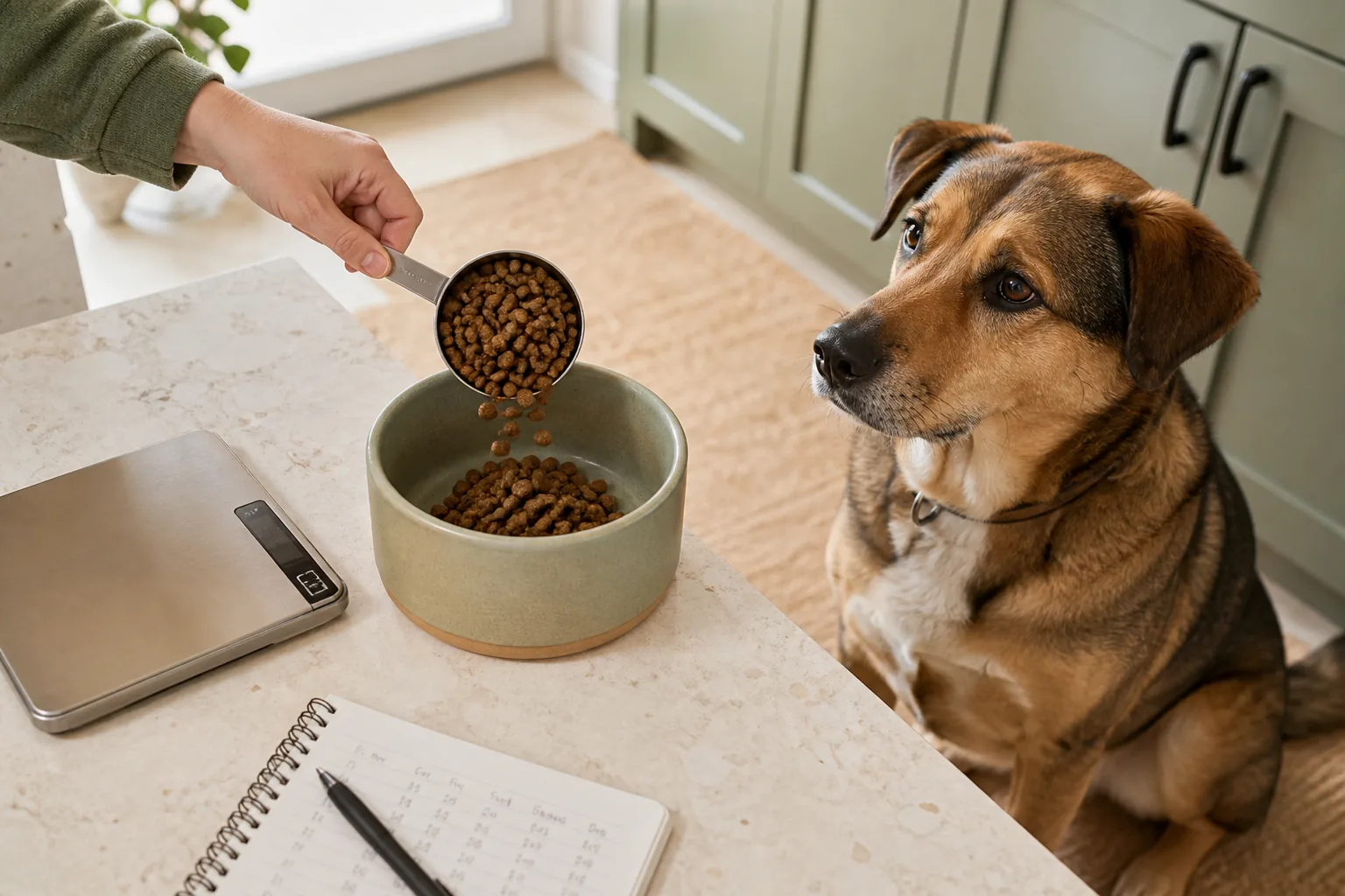A measured cup of dry dog food being poured into a ceramic bowl beside a kitchen scale and feeding log