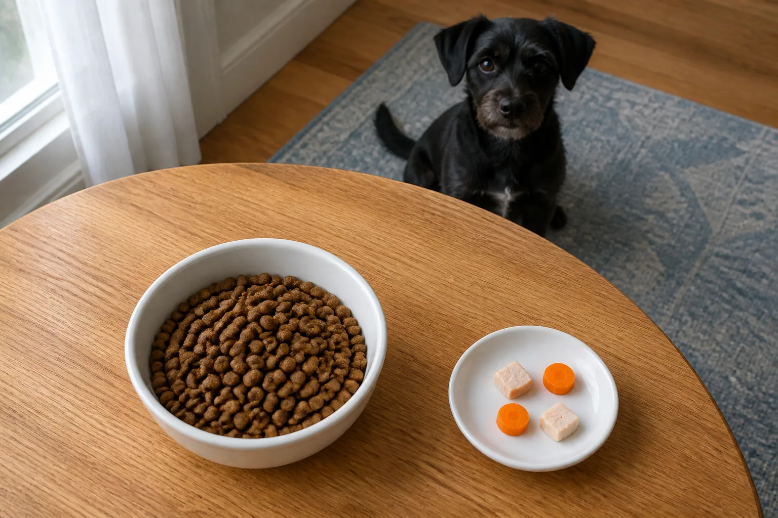 A full bowl of plain kibble beside a small saucer holding four tiny carrot and cooked chicken pieces