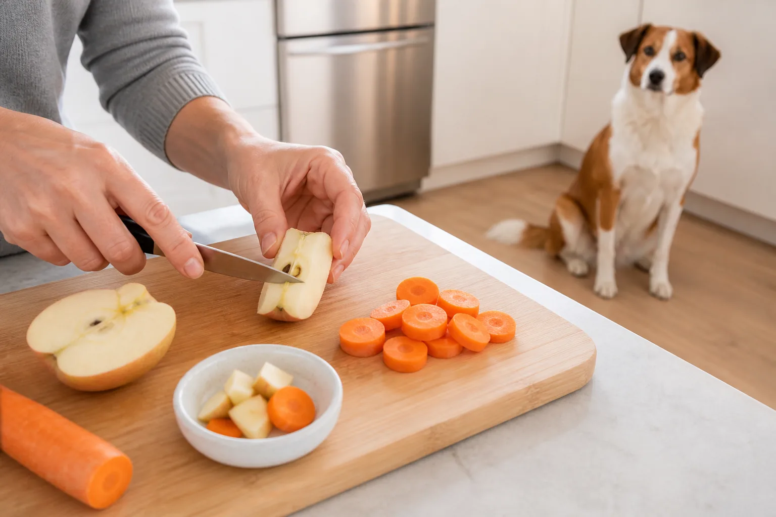 An owner removes an apple core and slices plain carrot into small pieces while a dog waits away from the cutting board