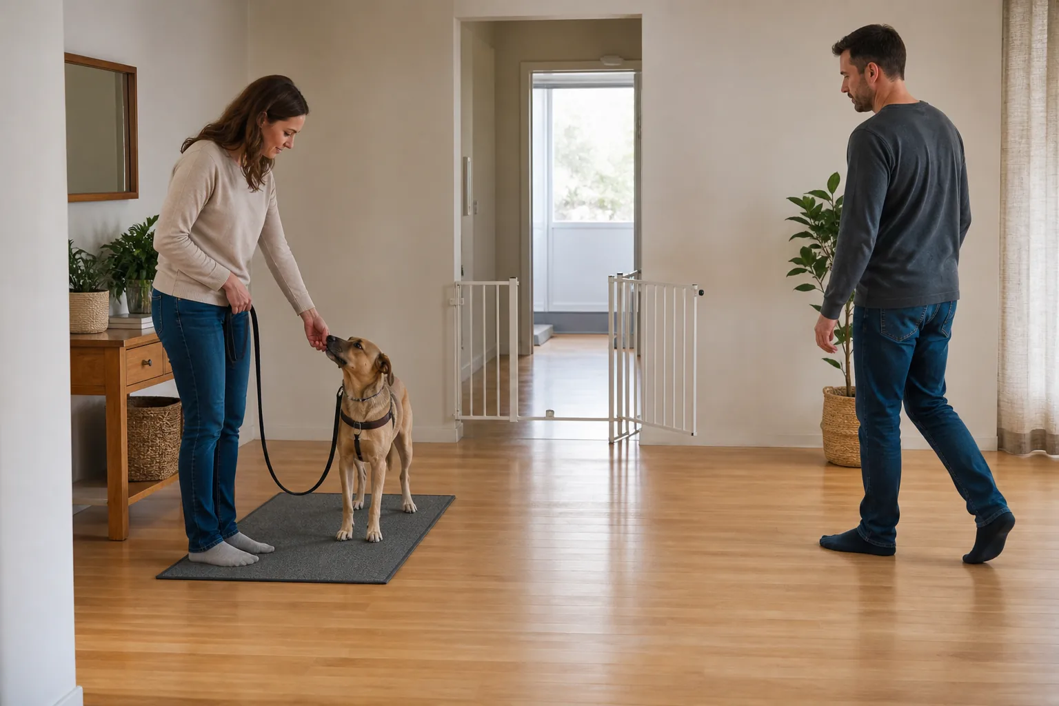 A tan dog stands on a mat with a slack leash while a visitor approaches slowly from several steps away