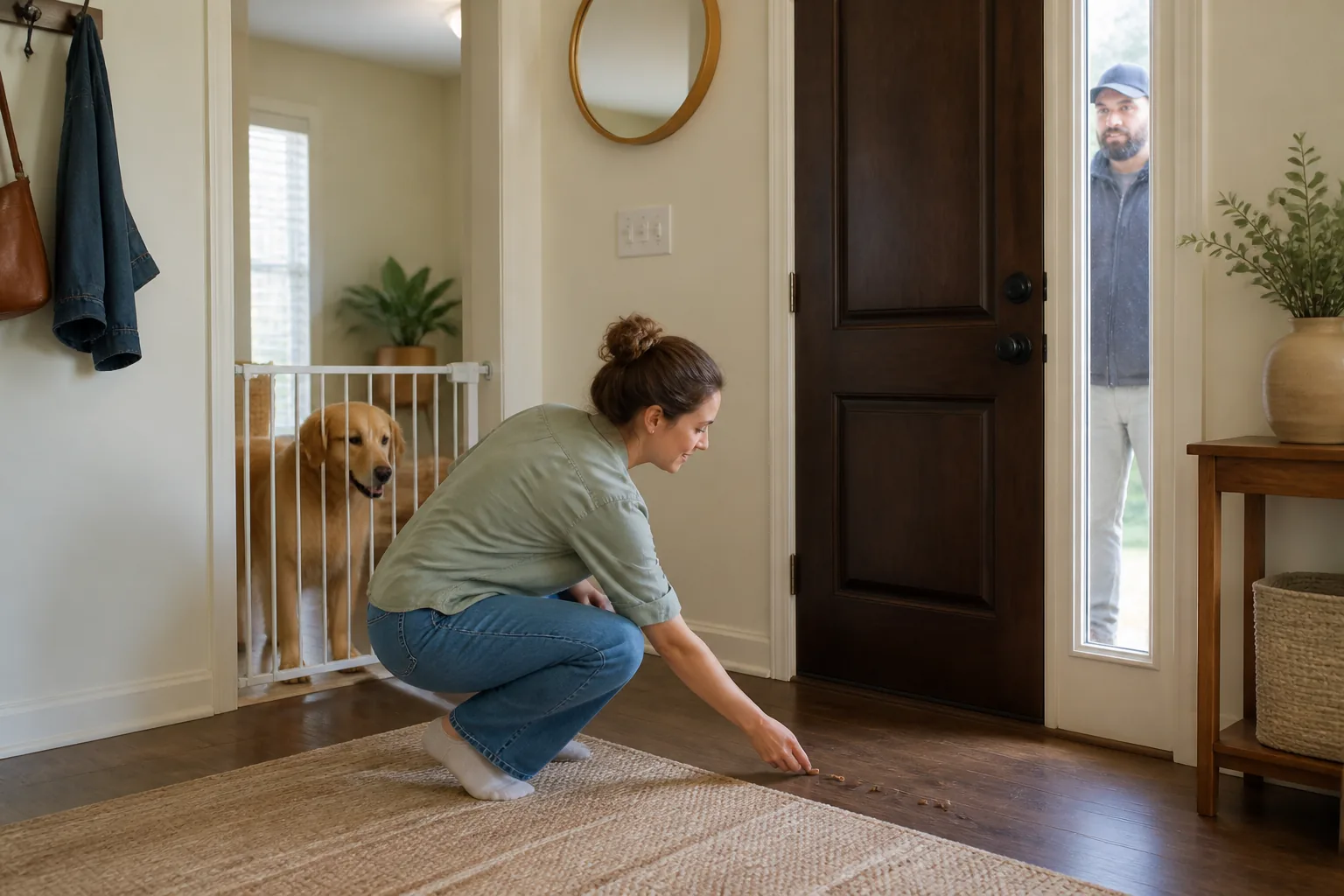 An owner scatters a few treats away from a closed front door while a dog waits behind an interior gate