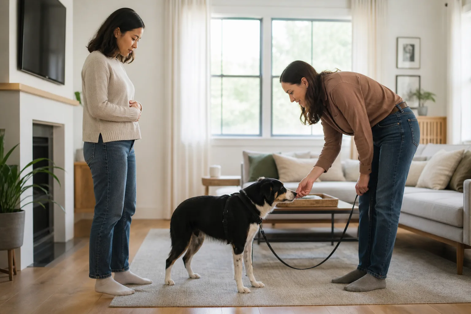 A black-and-white dog receives a low reward for keeping four paws down near a calm visitor