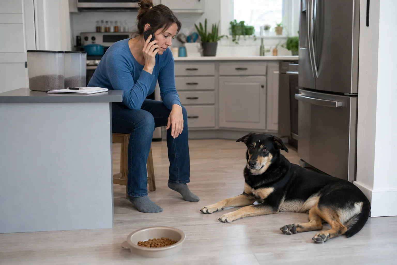 An owner calls a veterinary clinic while an alert dog rests near an untouched food bowl and transition notes